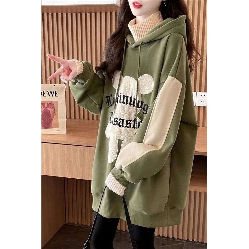 中长款设计感假两件半高领连帽卫衣女加绒加厚秋冬季洋气拼接上衣