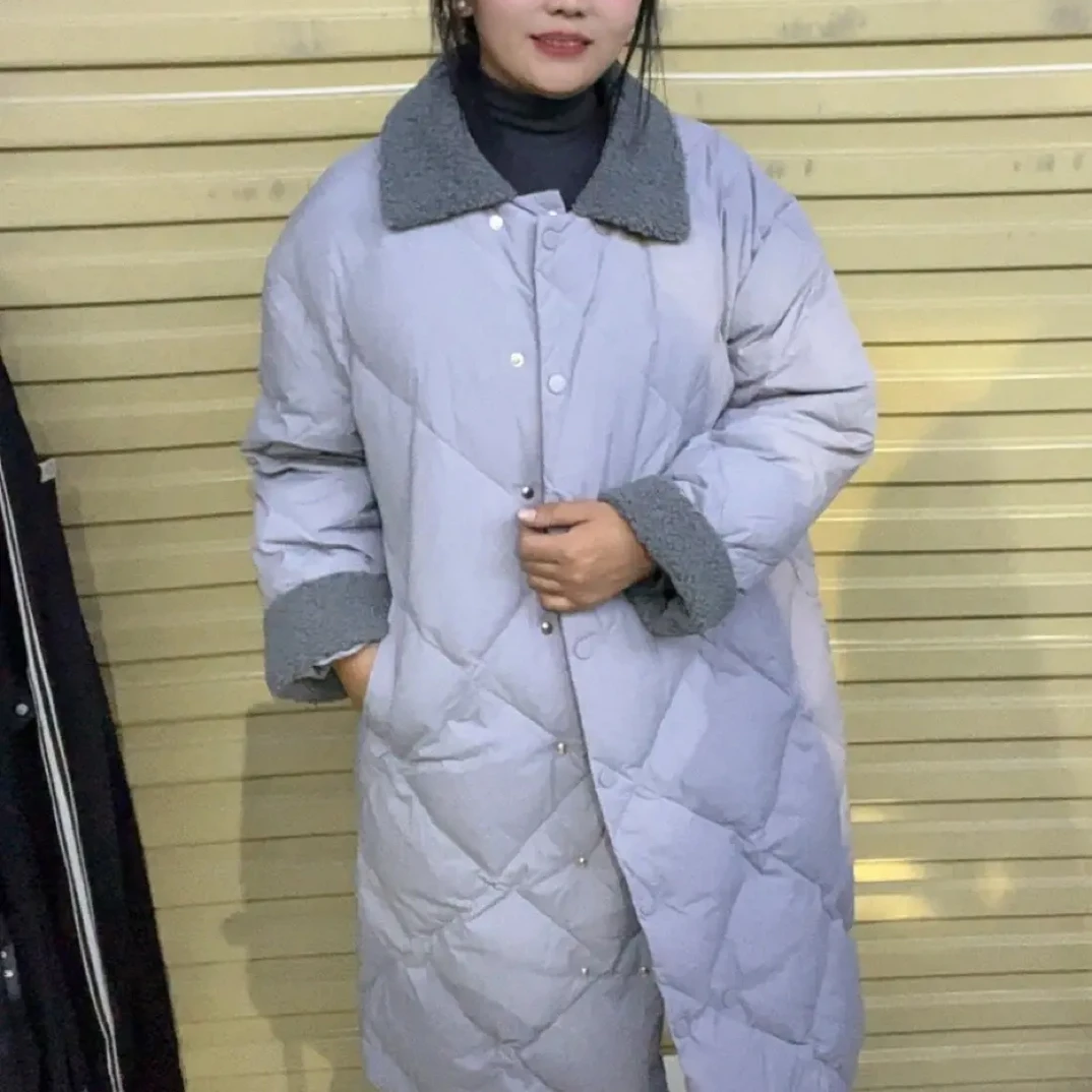 韩系冬季加厚摇粒绒翻领中长款菱格保暖