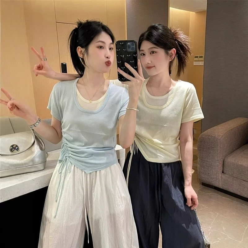 蓝色假两件正肩U领冰丝短袖针织衫t恤女夏季别致薄款收腰抽绳上衣