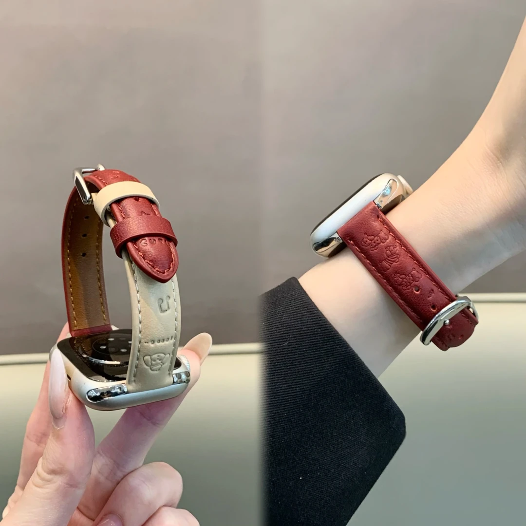 适用s11苹果手表iwatch10表带可爱腊肠狗拼色小牛皮applewatch98