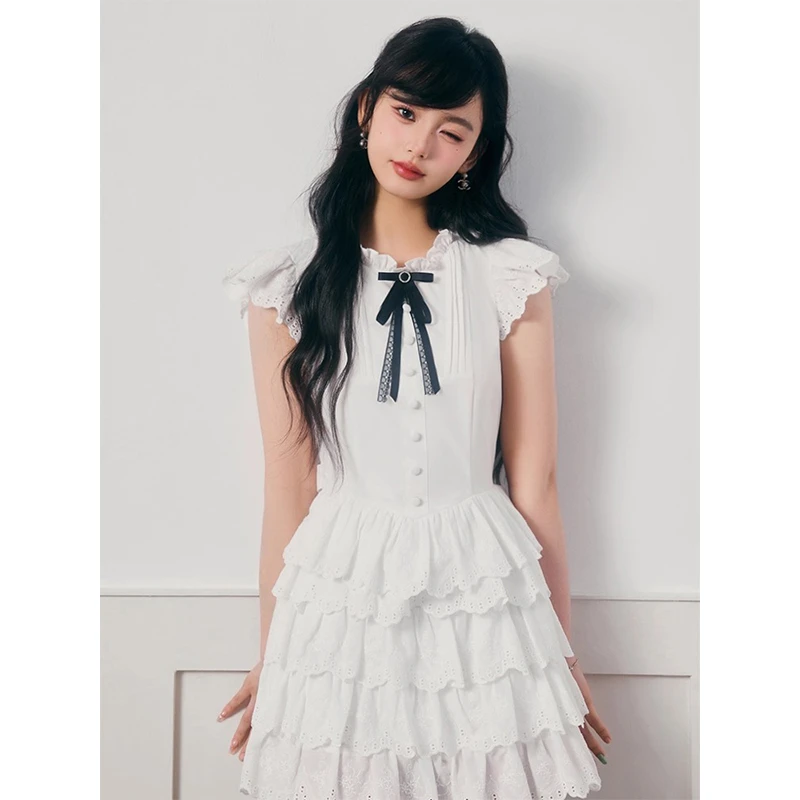 夏季新款少女感小飞袖蛋糕连衣裙女韩系学院风蝴蝶结收腰显瘦短裙