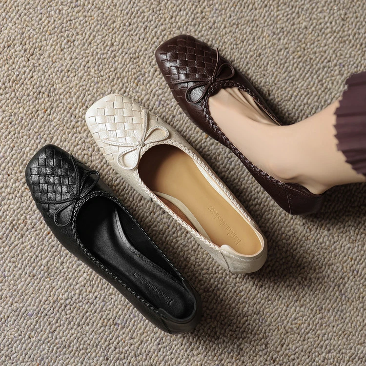 方头蝴蝶结低跟女瓢鞋浅口百搭女鞋优雅软底纯色舒适单鞋通勤单鞋