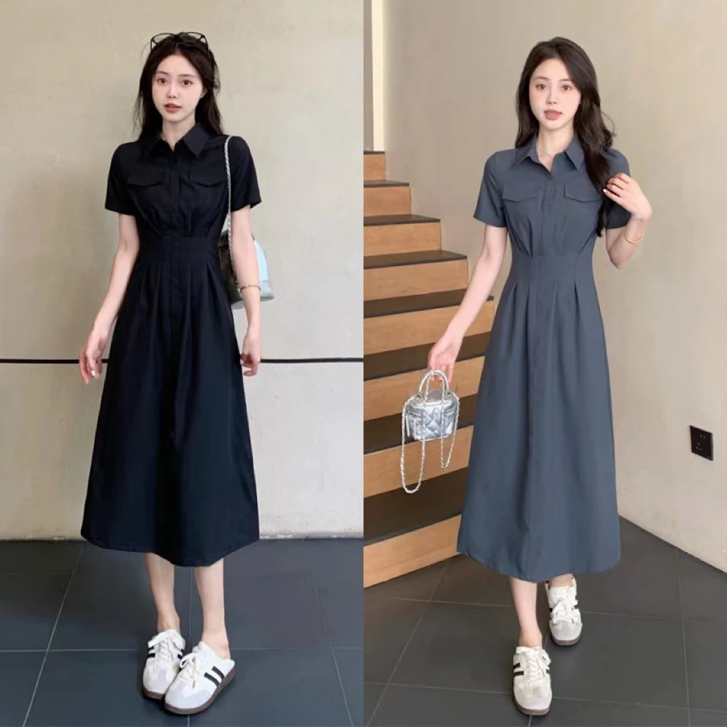 6602-夏季新款微胖收腰显瘦遮肚短袖连衣裙