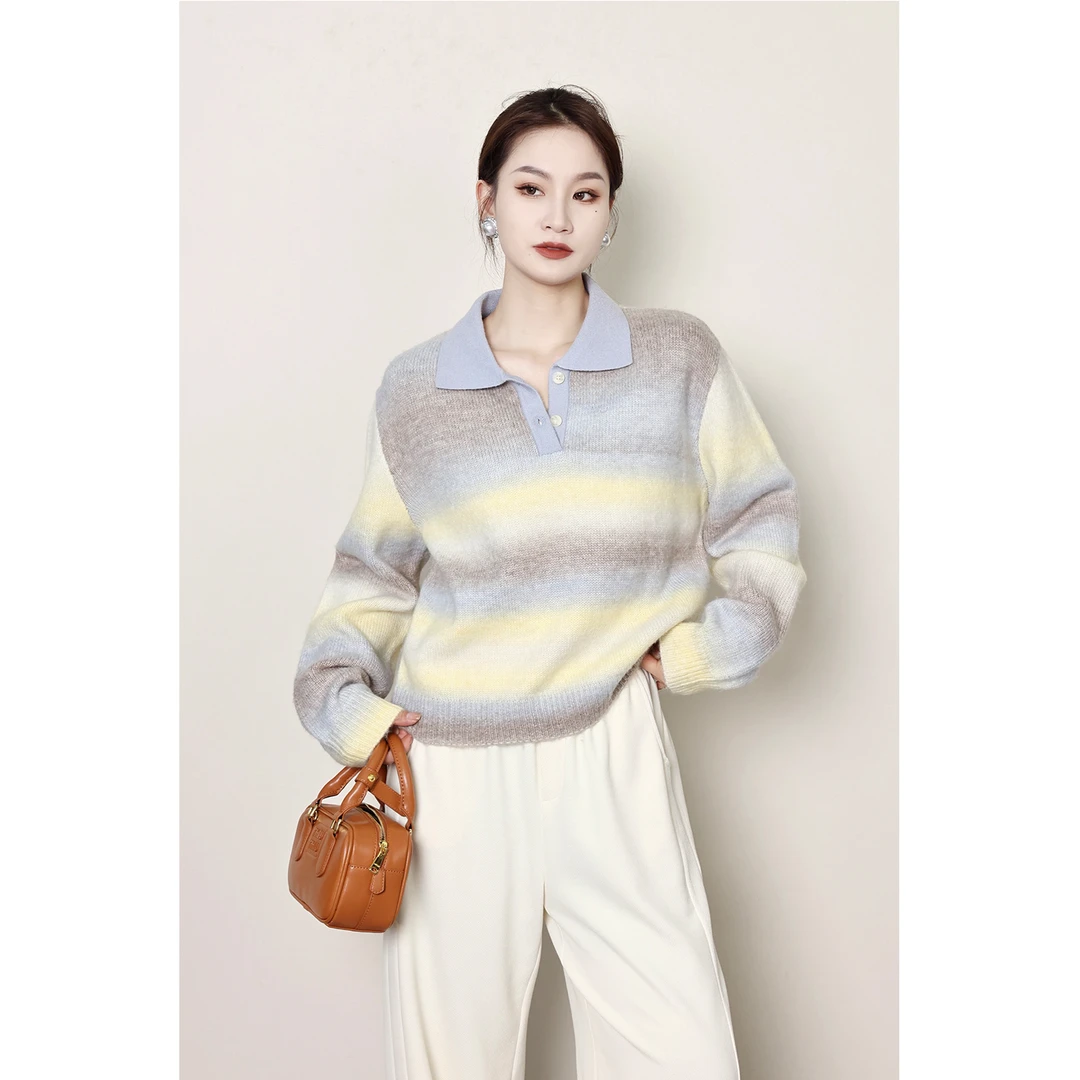 QC噜噜【渐变POLO】微胖大码女早秋polo领渐变毛衣针织衫ZY402K20