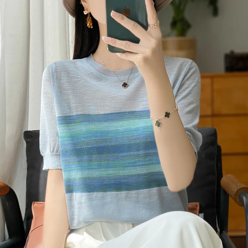 哥弟阿玛施正品夏季竹节麻短袖条纹拼色薄款宽松显瘦半袖T恤女