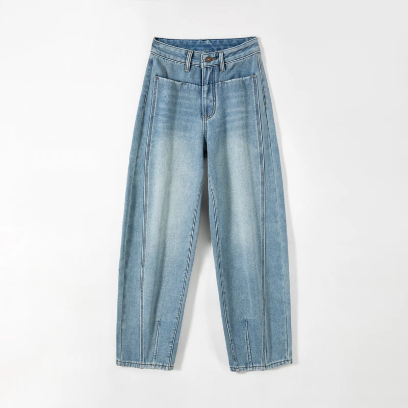 【格儿】秋冬真超绒牛仔色弯刀裤宽松显瘦高腰百搭哈伦牛仔BJ127