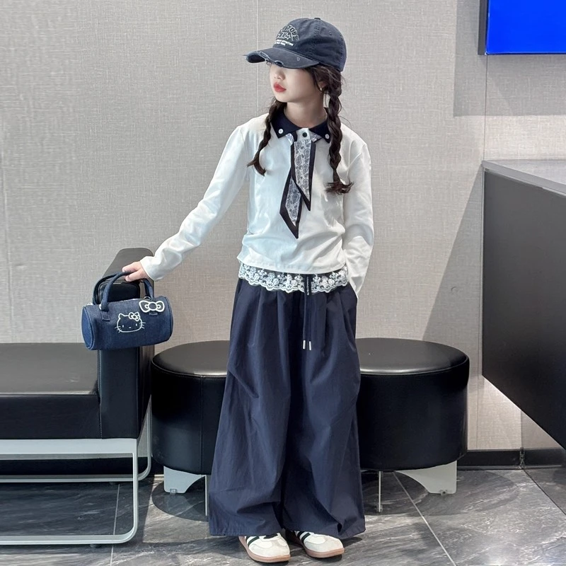 女童春秋装t恤套装2025新款女大童秋季韩系上衣儿童阔腿裤两件套