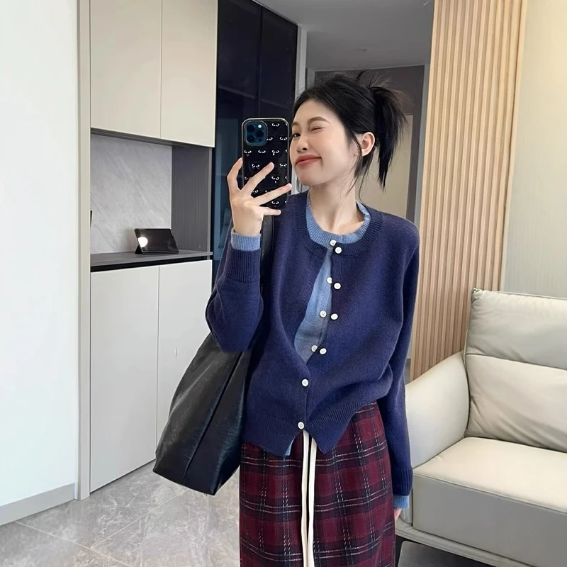 灰色设计感假两件针织开衫女2025春秋高级感上衣开春韩系毛衣外套