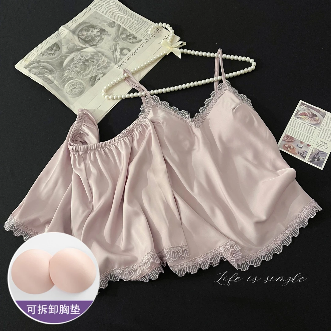 夏季吊带睡衣女带胸垫冰丝凉感可外穿紫色性感夏天家居服薄款套装