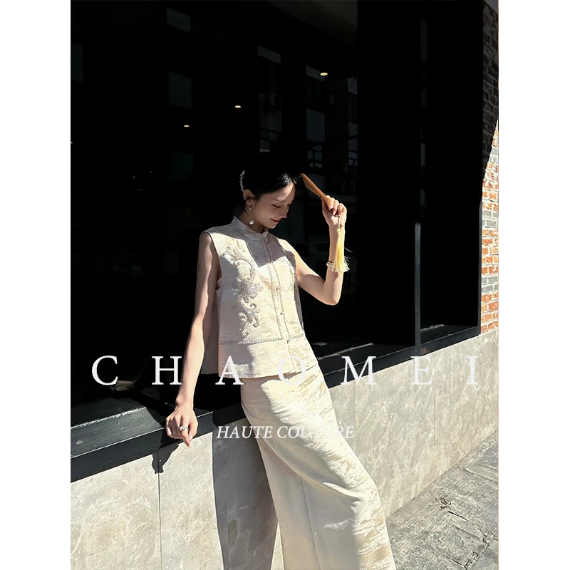 冯（CHAOMEI【流金岁月】70醋酸无袖马甲裙子套装时尚新中式TG02571