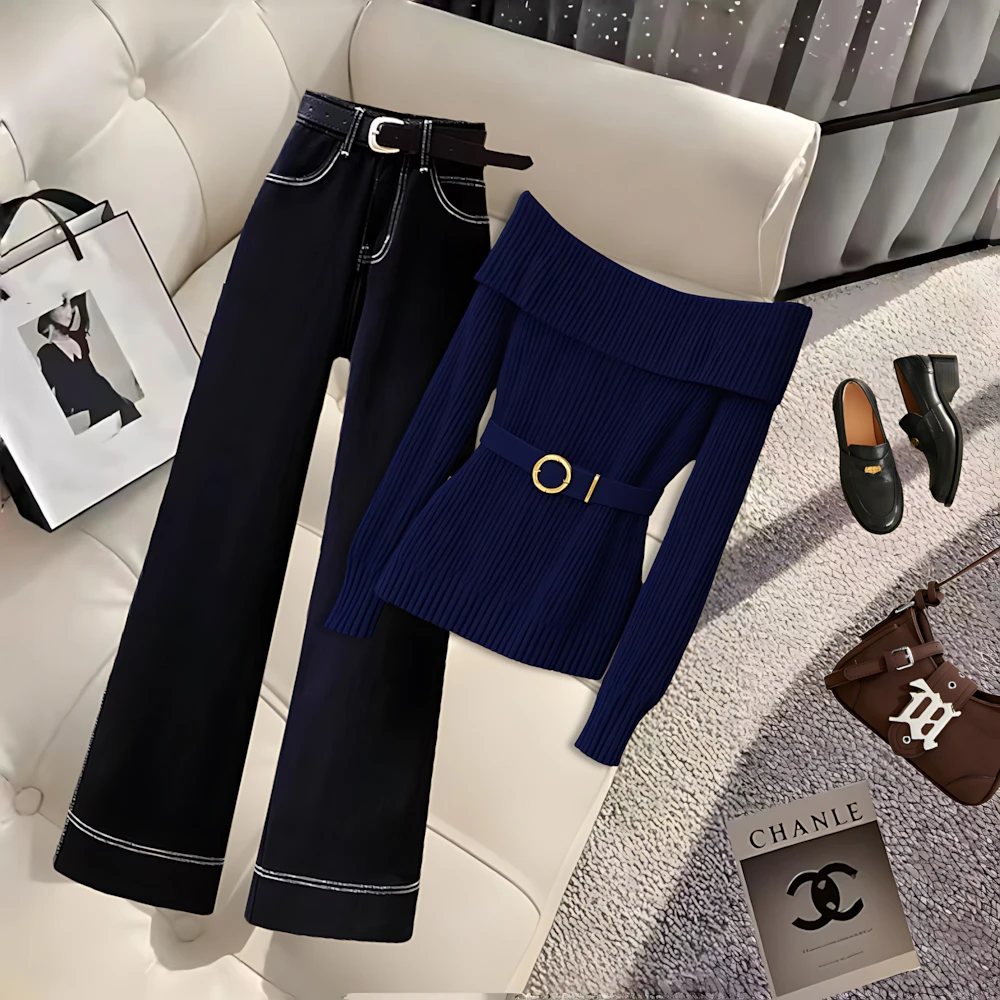 韩版高级感一字领洋气独特别致上衣高腰显瘦加厚直筒休闲裤子套装
