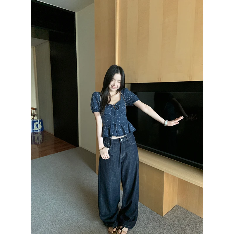 王少女的店 深蓝色宽松直筒牛仔裤早秋百搭显瘦休闲裤 H23487S43