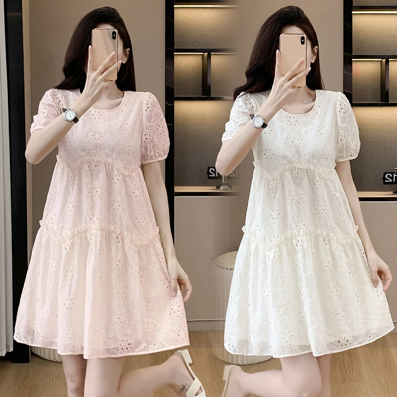 时尚法式连衣裙2025夏季新款宽松遮肉显瘦法式清新镂空大码裙子