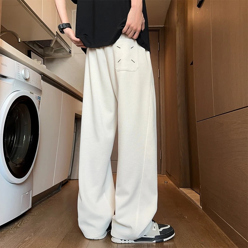 美式弯刀裤子男款春夏季华夫格直筒垂感裤子宽松阔腿青少年休闲裤