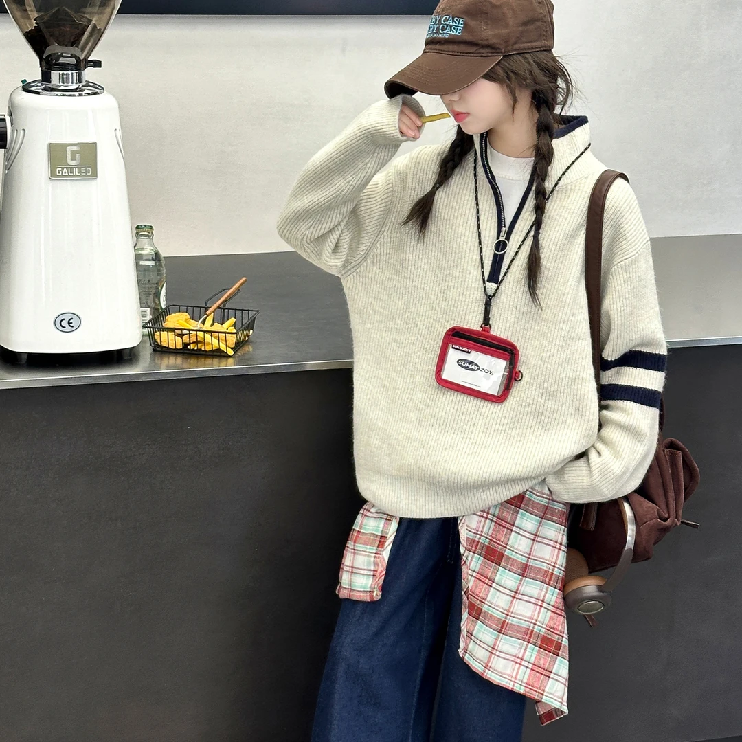 女童毛衣新款洋气中大童半拉链半高领宽松外穿打底衫秋冬儿童上衣