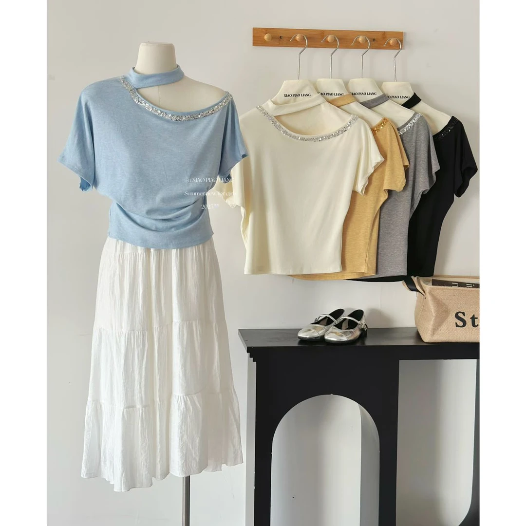 2025夏季新款女装设计感亮片斜领露肩纯欲风短袖T恤上衣7638#0.1