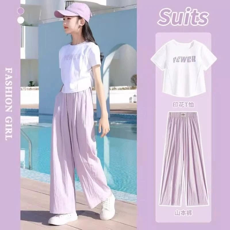 女童夏装短袖T恤阔腿裤两件套2025新款大童洋气时髦上衣长裤套装