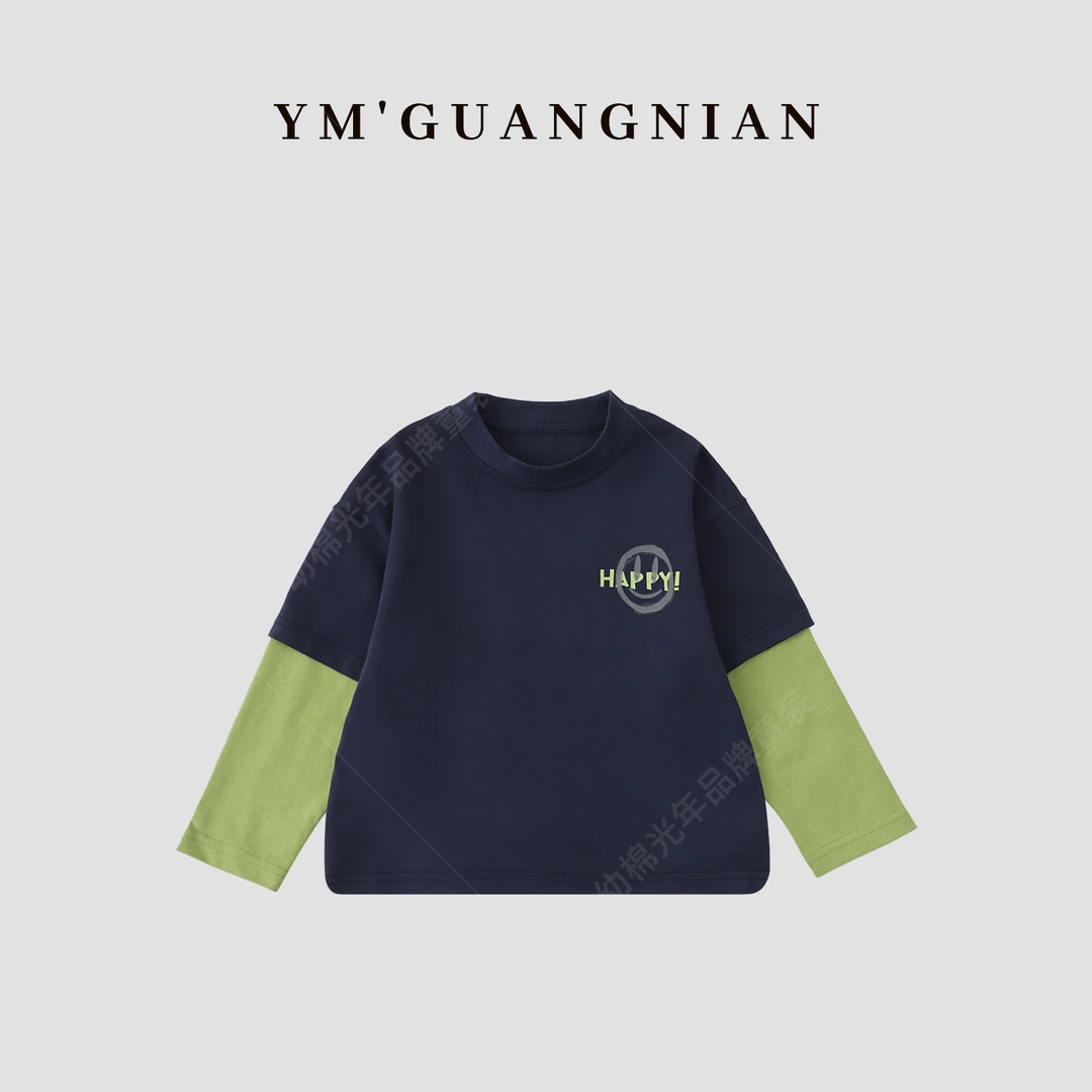 【幼棉光年】春季男童撞色假两件T恤儿童时尚印花百搭长袖1220057