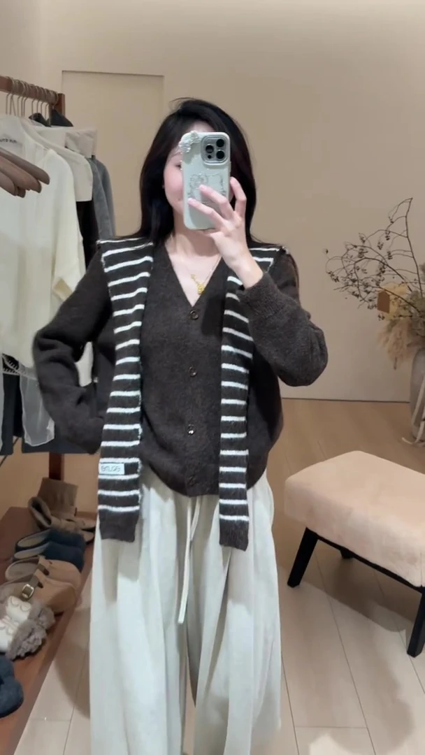 秋冬新款法式复古慵懒风时尚宽松长袖针织气质披肩垂感直筒裤套装