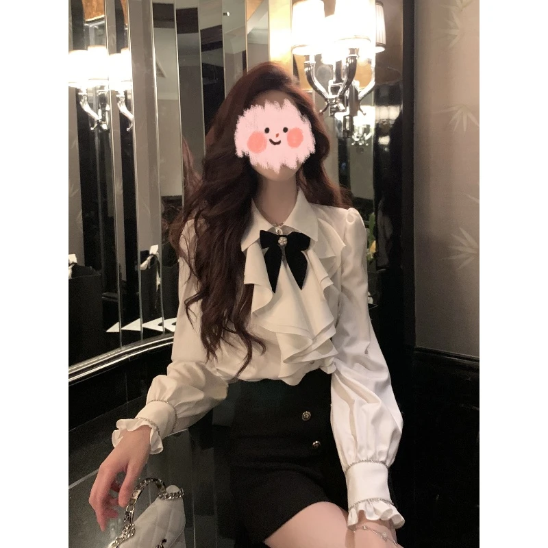 设计感小众上衣缎面蝴蝶结打底衬衣女春秋法式高级感白衬衫