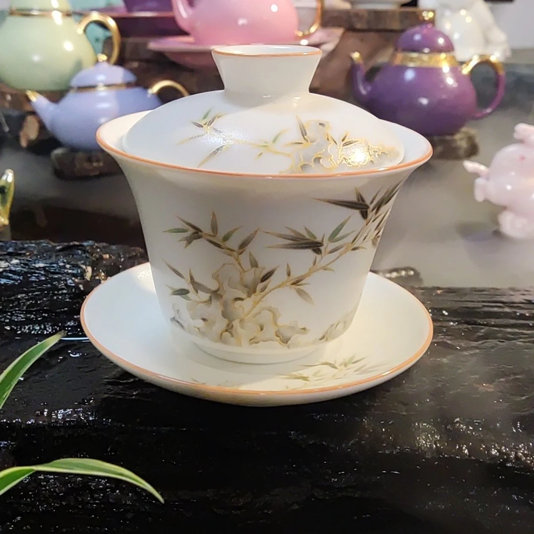 特价白汝170毫升竹韵盖碗中式泡茶壶白瓷三才盖碗茶具中国风高档