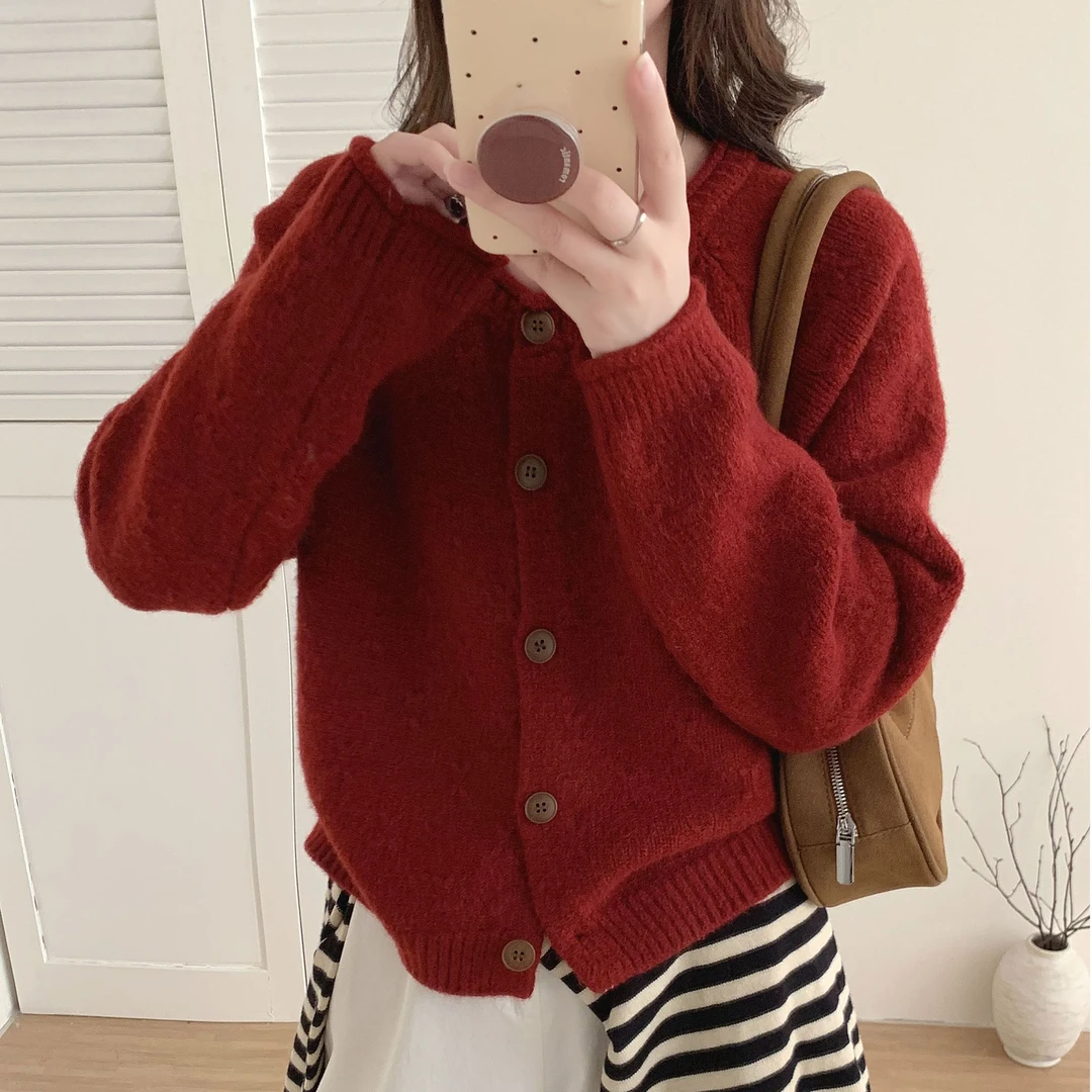 插肩袖复古卷边毛衣外套女宽松韩版显瘦保暖圆领冬季加厚针织开衫