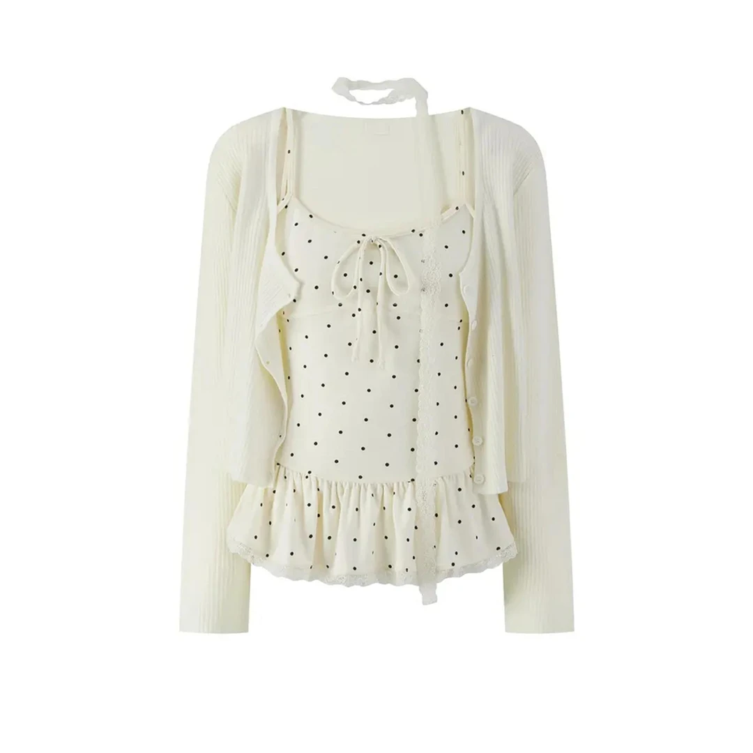 【全额运补】叠穿好物 纯欲风波点蕾丝吊带+开衫外套气质两件套装女