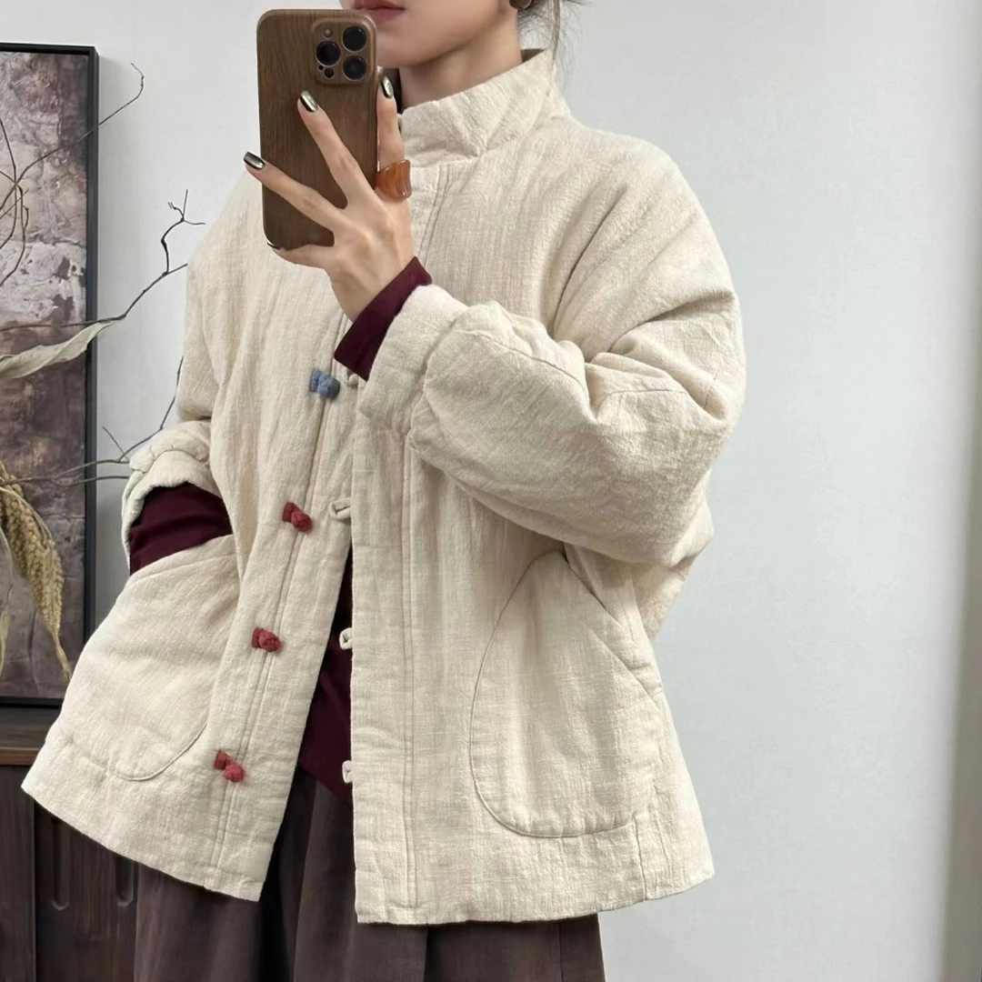 纯色亚麻撞色扣棉服（衣长70胸围140）