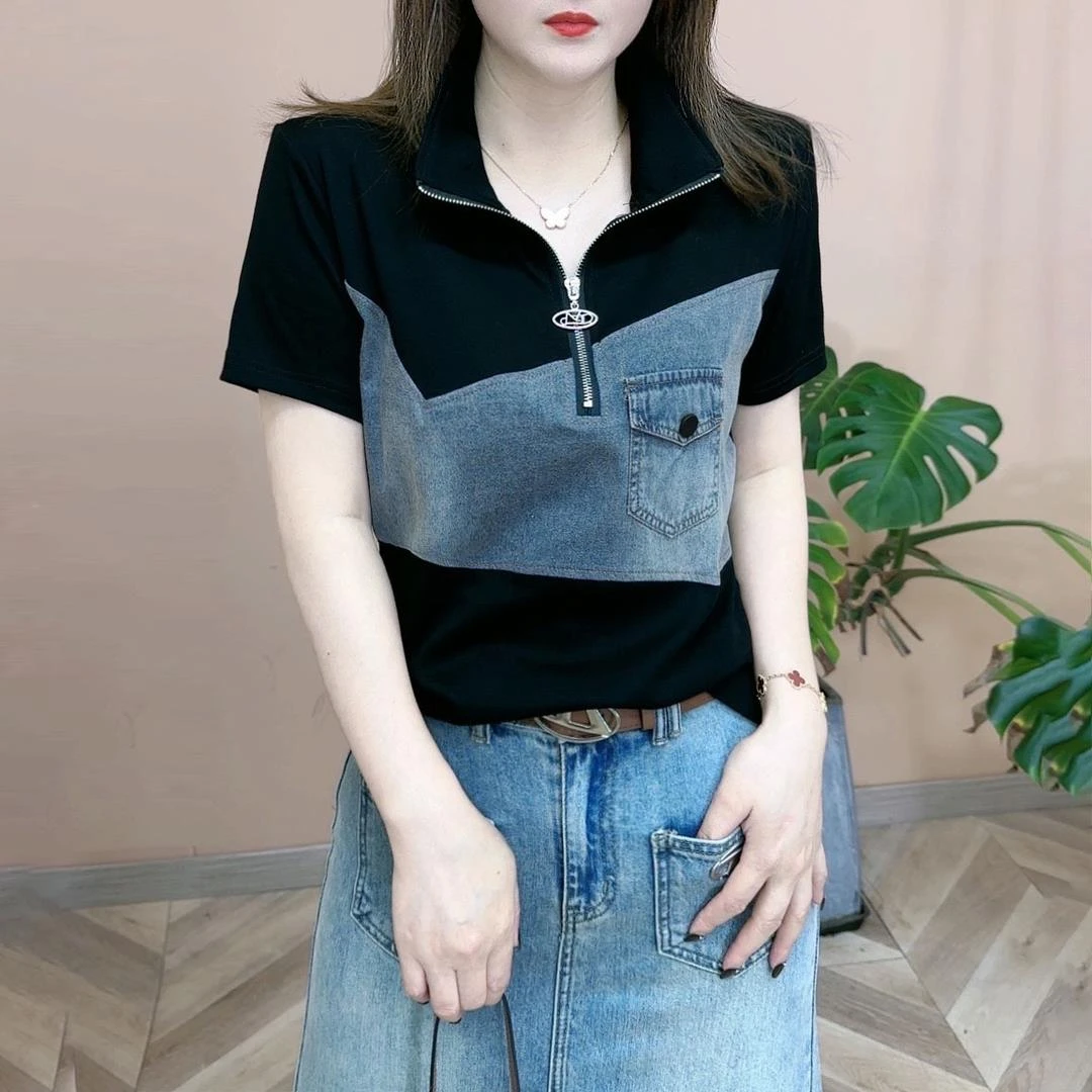 法乐琪2025夏季新款时尚半拉链牛仔拼接T恤女士百搭宽松显瘦短袖