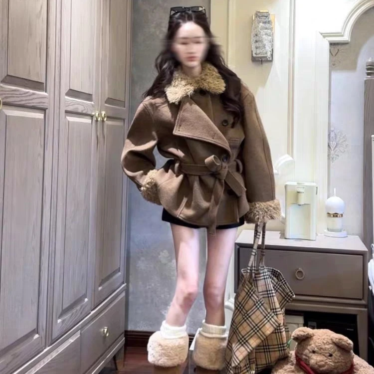 女士秋冬宽松毛领加厚毛呢大衣高级设计感慵懒风