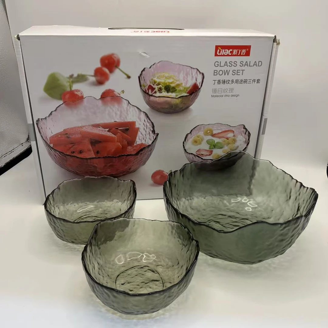 锤目纹理多用途玻璃碗三件套
