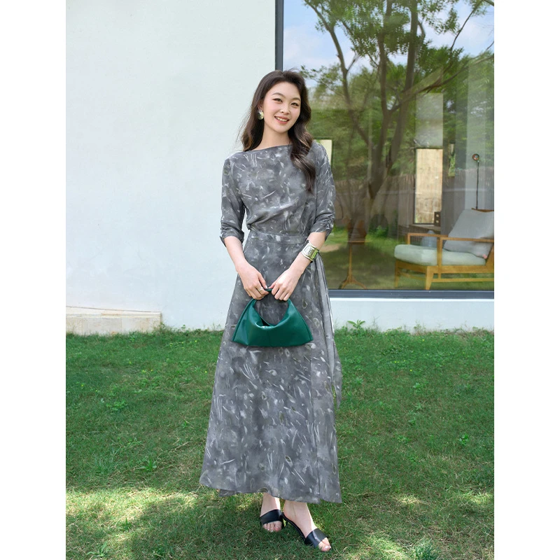 气质优雅显瘦！/扣蔻夏季新款桑蚕丝真丝一字领围裹式高腰