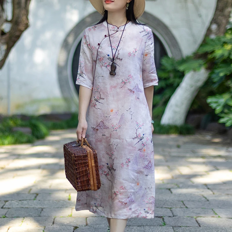 念江南优雅国风印花苎麻立领新中式连衣裙女A字显瘦改良旗袍裙