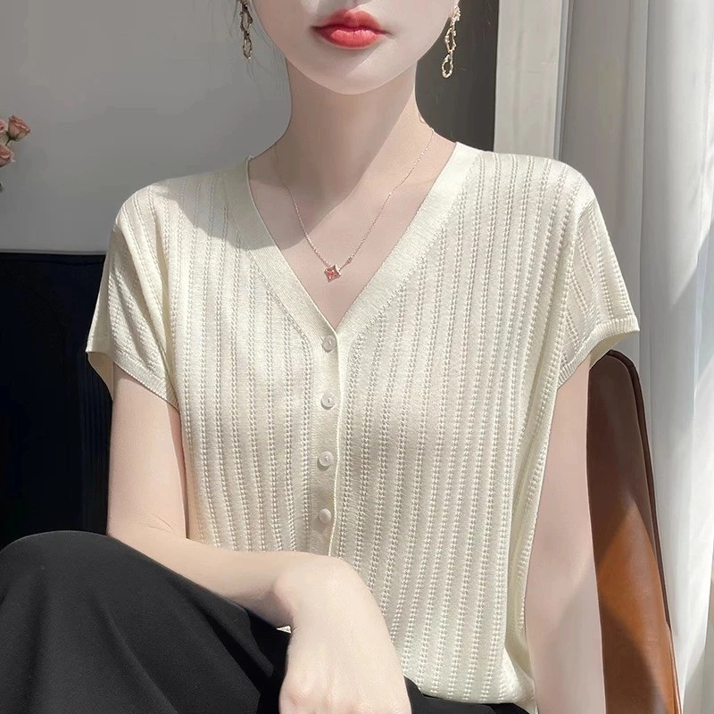 镂空V领短袖针织开衫外搭女显瘦时尚短款上衣夏季薄小衫