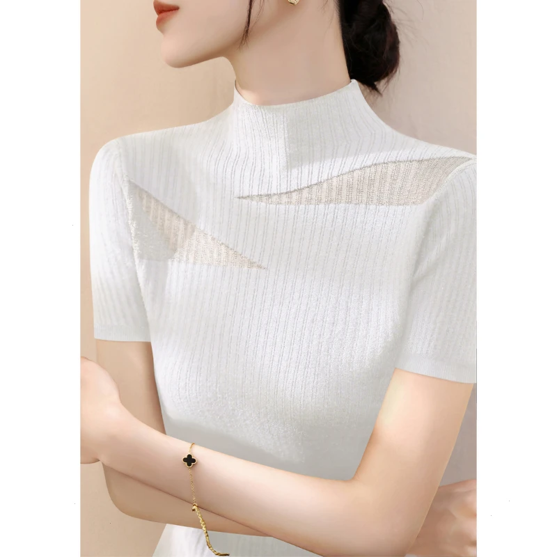 半高领莱赛尔高级感套头t恤新款上衣夏季气质短袖修身针织衫女