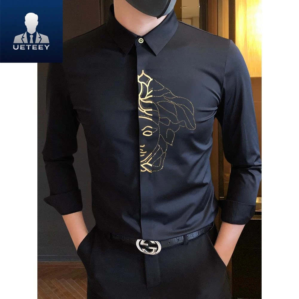 秋季潮牌痞帅高端弹力男士商务休闲长袖衬衫男款弹力免烫抗皱衬衣