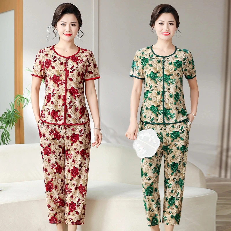 妈妈装夏季新款圆领短袖九分裤套装中老年时尚洋气碎花套装