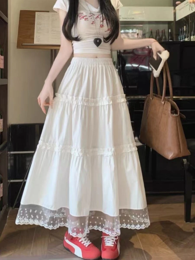 （XI ZI女装)夏季蕾丝蛋糕高腰显瘦盐系设计感褶皱A字半身裙#6222