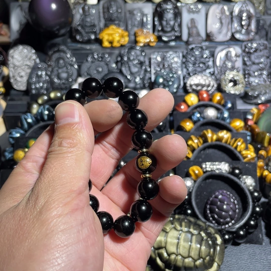 ゛****黑曜岩未镶嵌手链14毫米生肖马手串