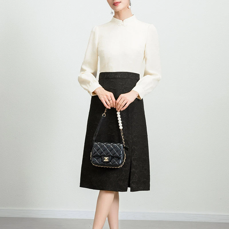 28612 春亲肤假两件连衣裙修身显瘦时尚设计感新中国风复古裙子