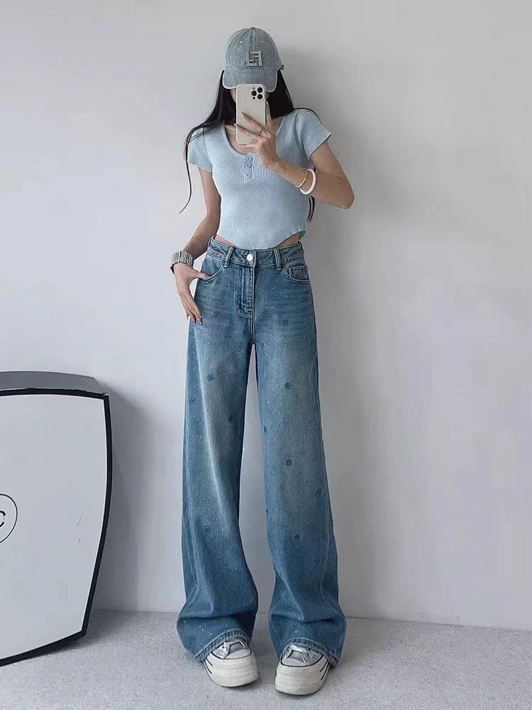 HY 1005新款轻奢花朵刺绣烫钻直筒牛仔裤