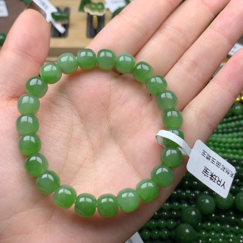 【闪购商品】未镶嵌手串和田玉（碧玉）9m苹果绿老型珠无黑点