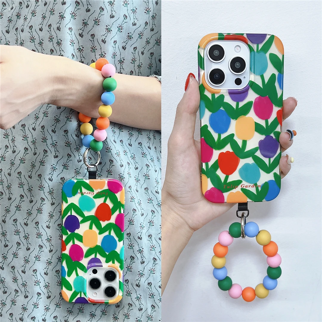 彩色油画郁金香花朵适用苹果15手拎14圆环iphone16promax手机壳13