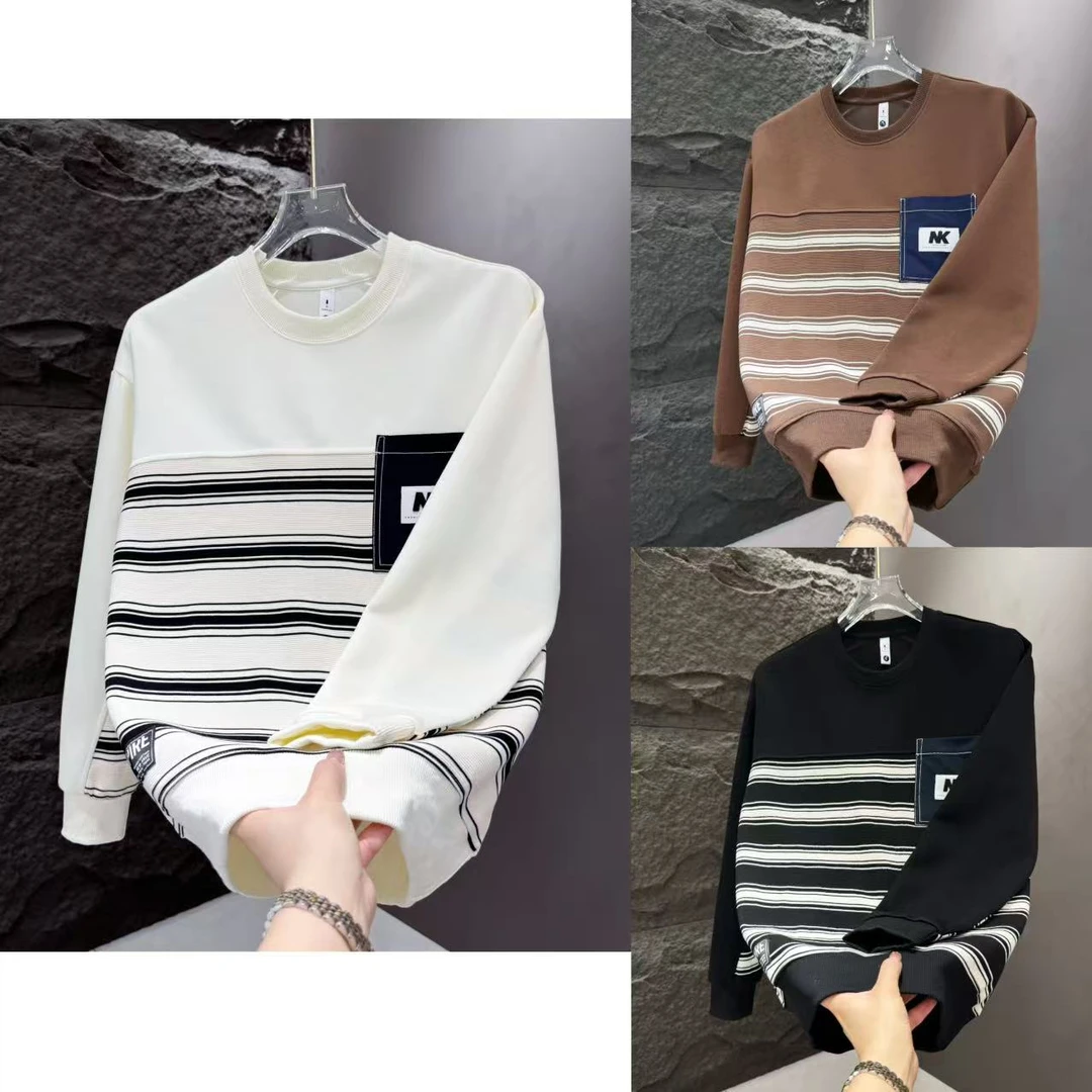 痞帅圆领条纹男士长袖卫衣2025秋季潮牌休闲百搭上衣打底衫6372