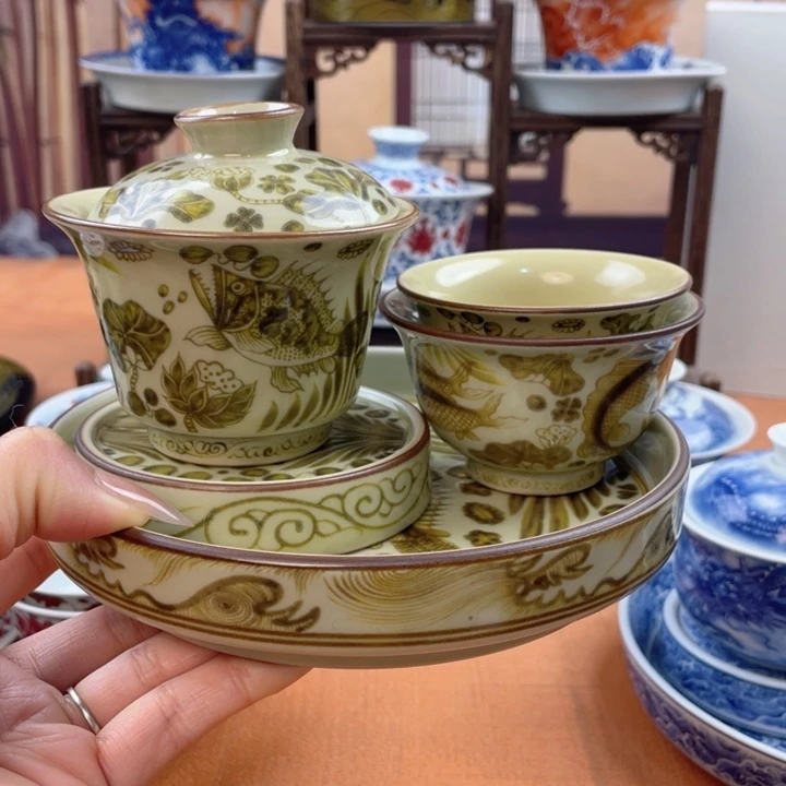 陶摆件二号釉釉里金鱼藻纹五件套