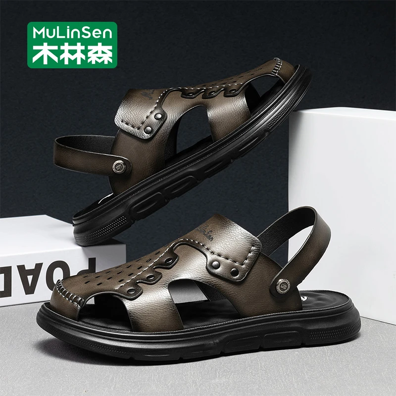 木林森沙滩鞋男款2025新款夏季外穿皮凉鞋男软底防滑休闲包头拖