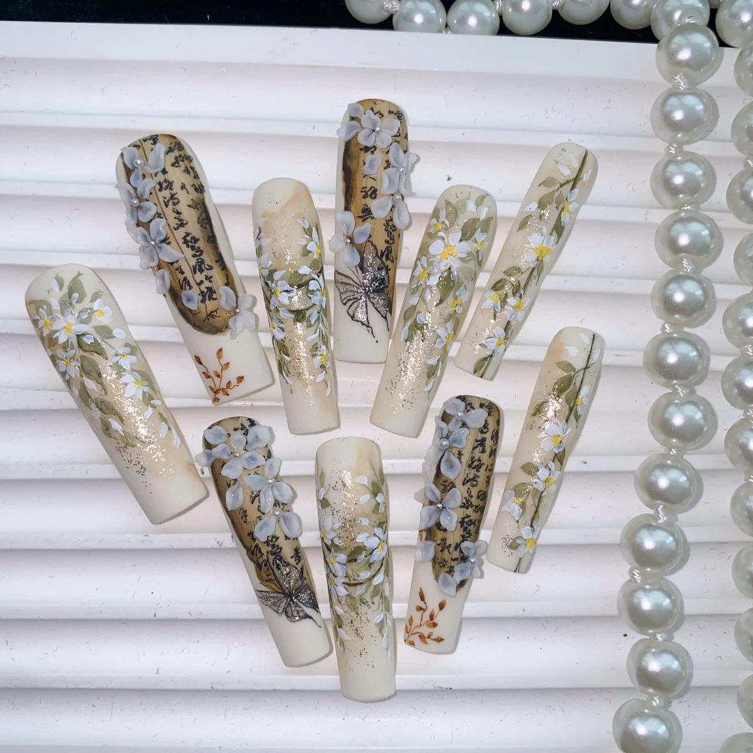 【7】高级定制雕花彩绘施华洛锆石纯手工穿戴甲新款显白重工刺绣