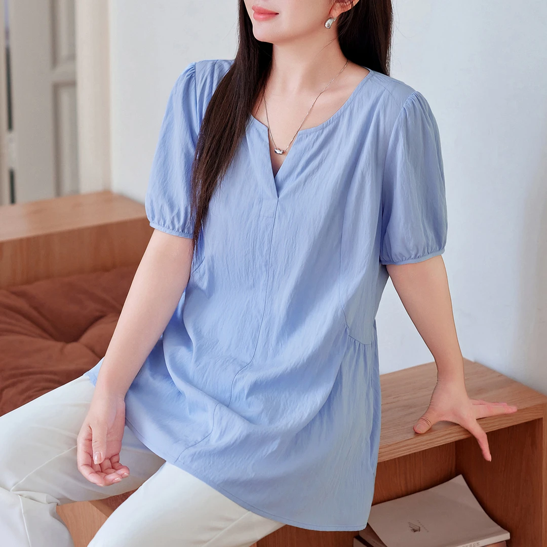 【MsShe】大码女装皱感人棉中长款轻薄衬衫秋显瘦短袖上衣V2505002