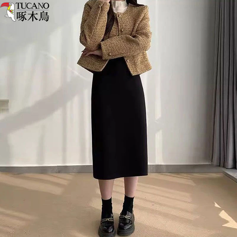 TUCANO/啄木鳥高腰时尚半身裙秋冬小个子气质毛呢裙开叉中长裙女