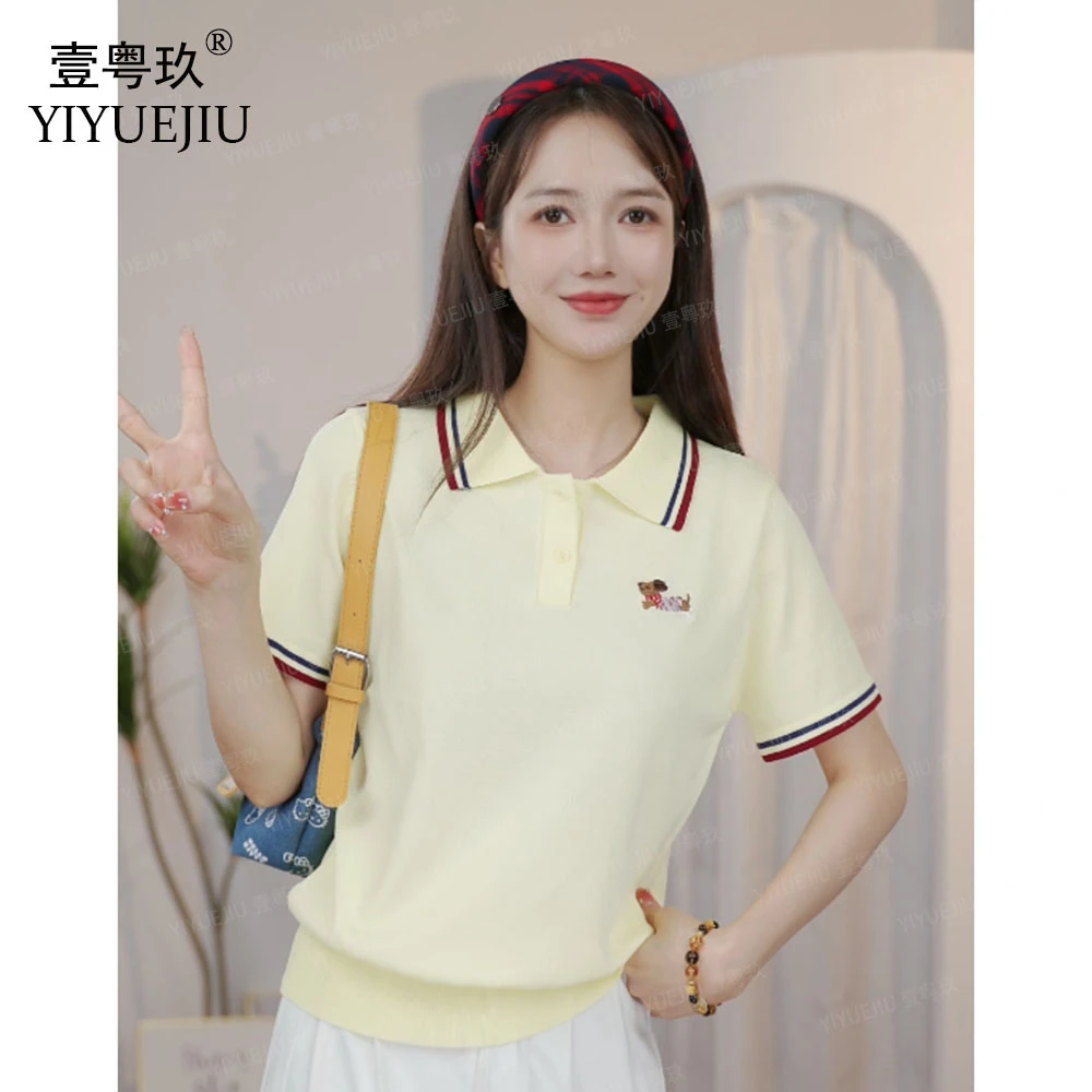 2025新款韩系女装休闲百搭miu系上衣冰丝翻领针织衫学院风透气t恤